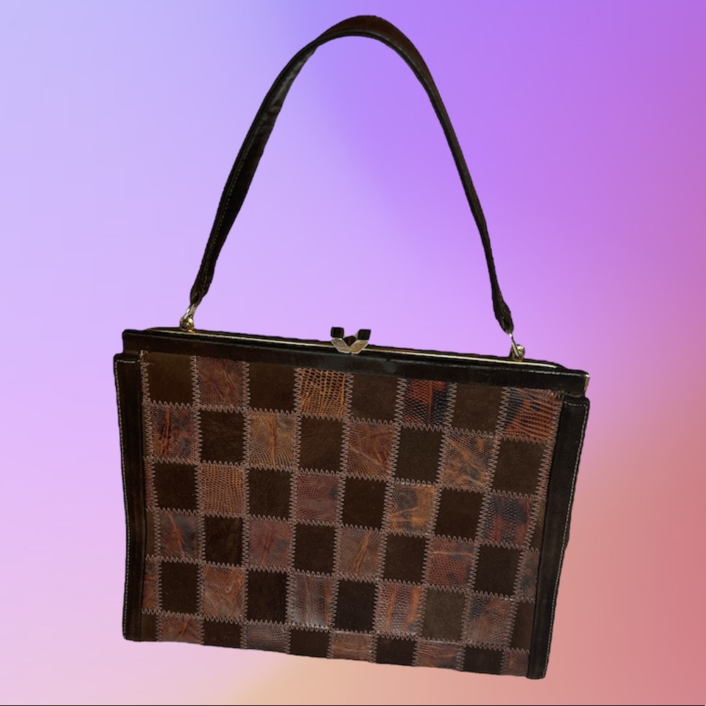Vintage Small Coret Patchwork Front Brown Purse With Top Handle & Clasp Closure